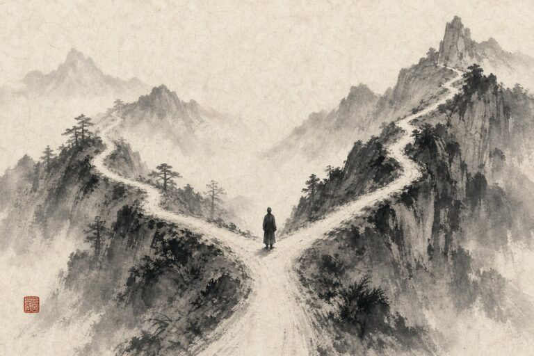 職場謀略 職涯轉向與定位 水墨岔路插圖
