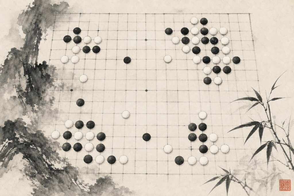 廟算思維 決策與局勢判斷 水墨棋局插圖